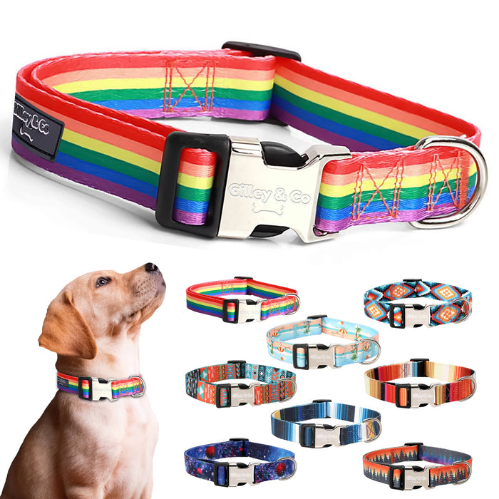 Gilley&Co Dog Collar and Leash Set - 8 Designs, 4 Sizes with Stainless Steel Buckle (Rainbow Ridge)