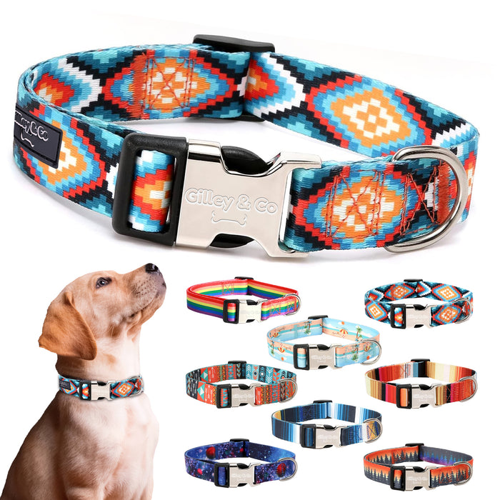 Gilley&Co Dog Collar and Leash Set - 8 Designs, 4 Sizes with Stainless Steel Buckle (Aztec Adventure)