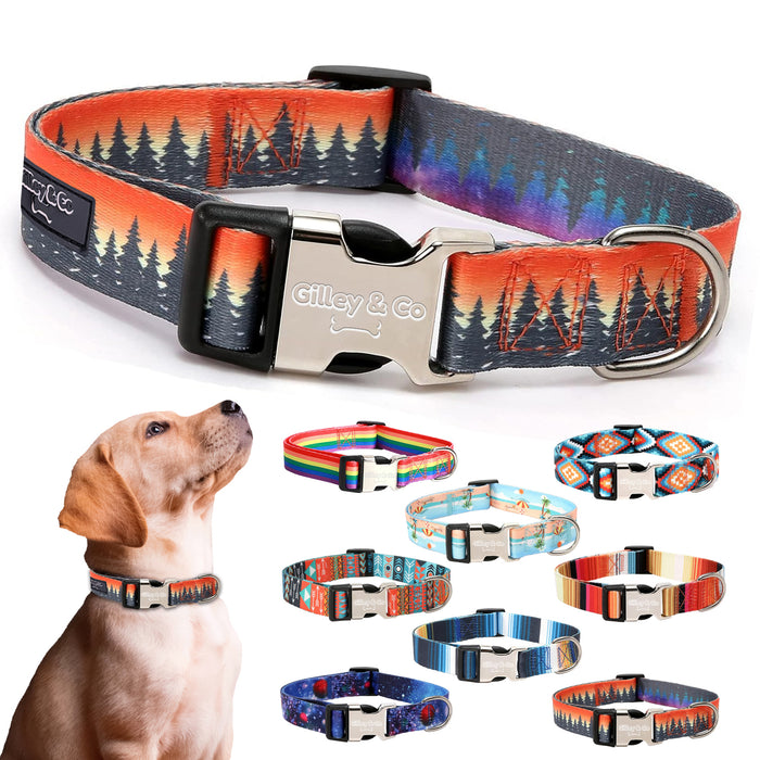 Gilley&Co Dog Collar and Leash Set - 8 Designs, 4 Sizes with Stainless Steel Buckle (Sunrise Summit)