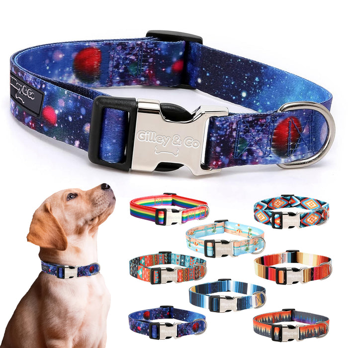 Gilley&Co Dog Collar and Leash Set - 8 Designs, 4 Sizes with Stainless Steel Buckle (Cosmic Canine)