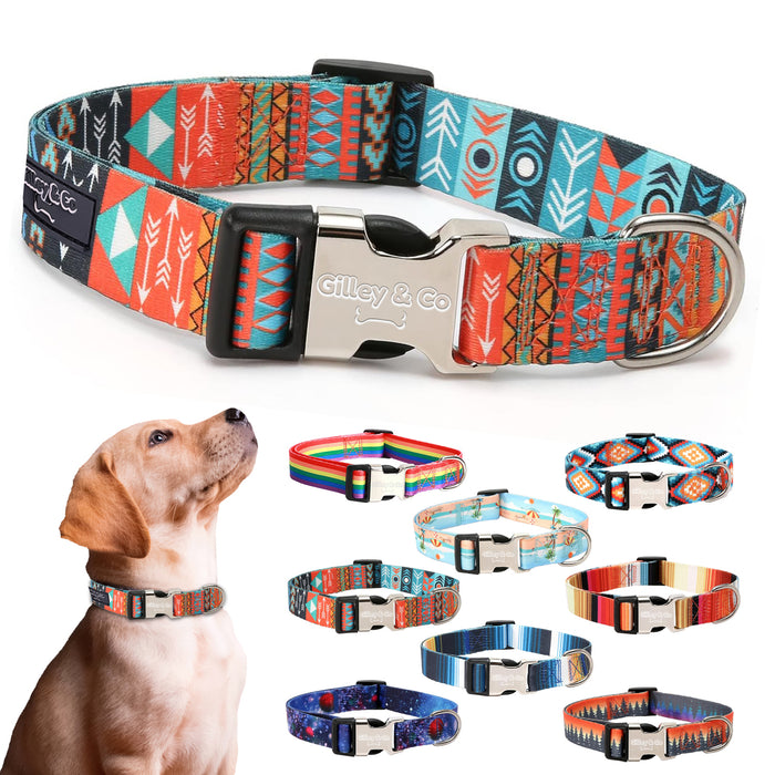 Gilley&Co Dog Collar and Leash Set - 8 Designs, 4 Sizes with Stainless Steel Buckle (Tribal Trails)